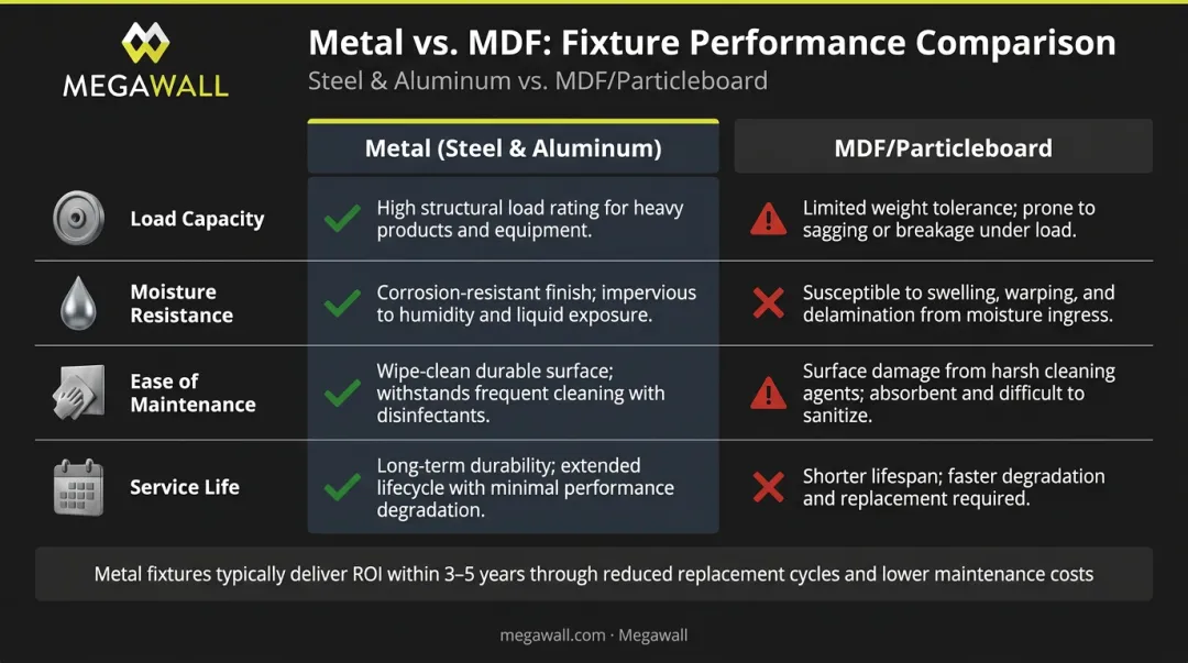 Metal versus MDF retail display fixture materials four-factor performance comparison chart