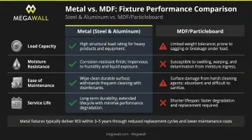 Metal versus MDF retail display fixture materials four-factor performance comparison chart