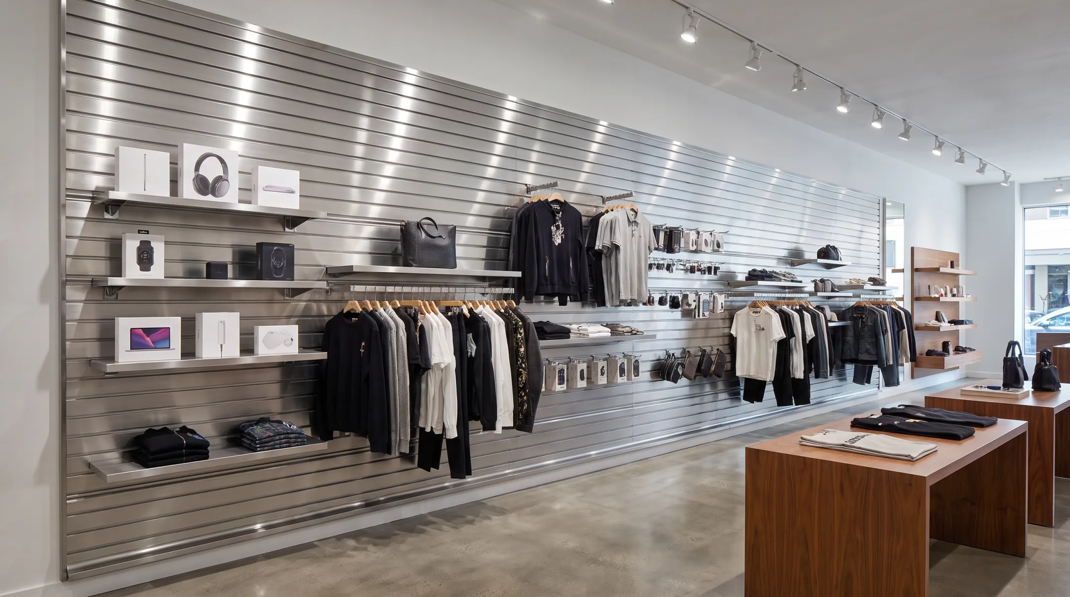 Megawall modular slatwall fixture display with hidden fasteners and merchandise