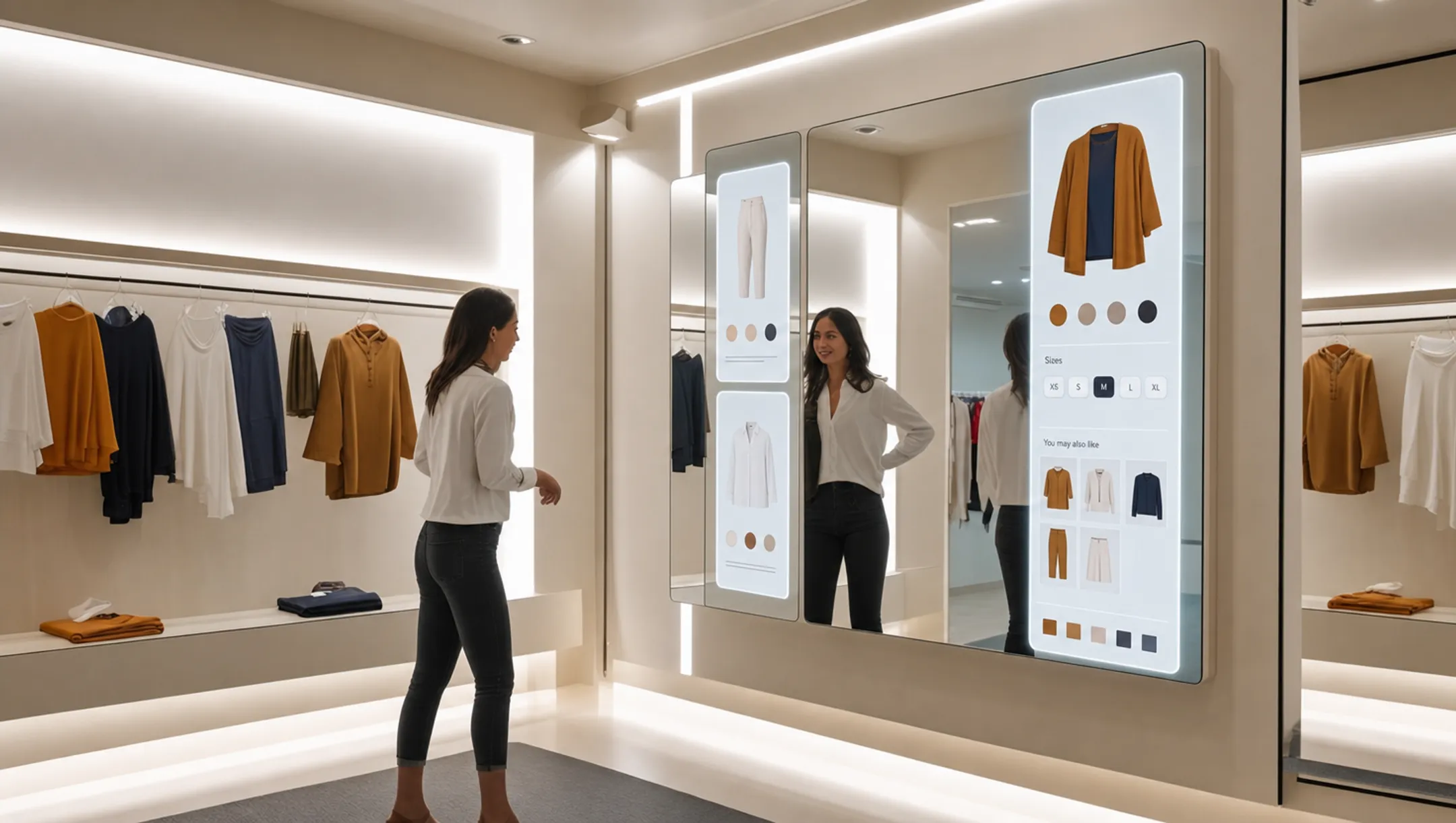 Smart fitting room mirror with digital styling recommendations display