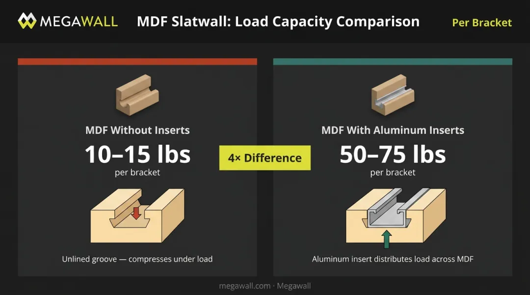 MDF slatwall weight capacity comparison with and without metal inserts