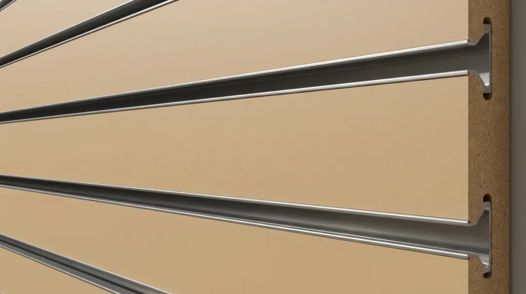 MDF slatwall panel cross-section showing groove structure and aluminum insert channel