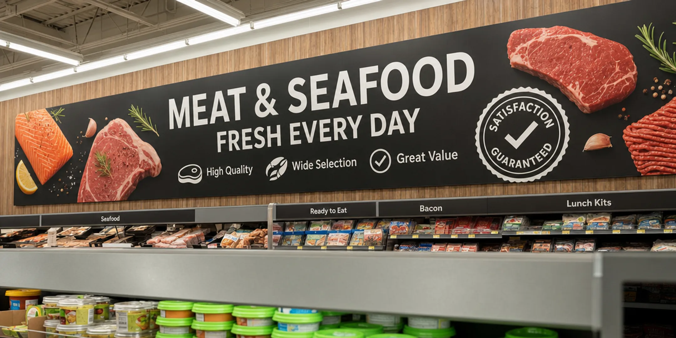 Clear retail directional and promotional signage guiding shoppers in aisle
