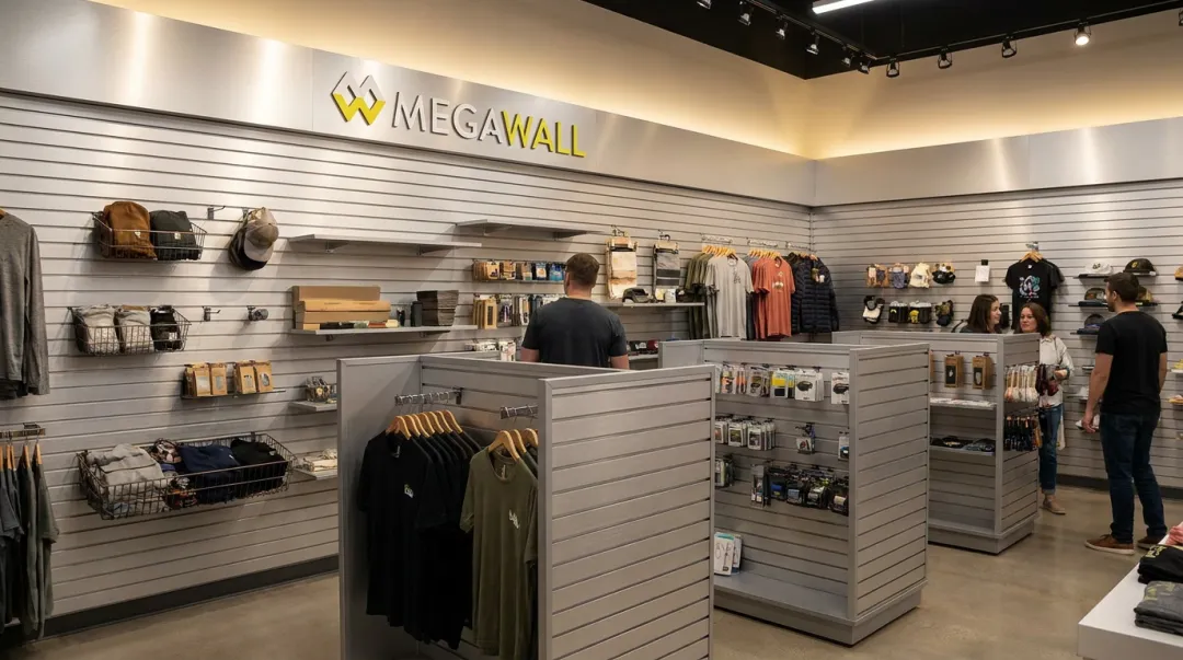 Megawall aluminum slatwall NuPanel gondola retrofit panels installed in retail store