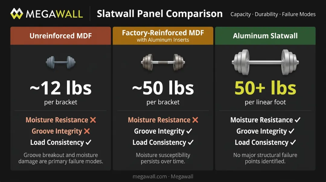 Three slatwall panel types comparison chart load capacity and durability breakdown