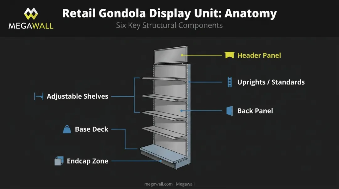 Retail gondola display anatomy diagram labeling six core structural components