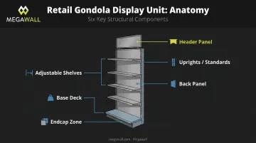 Retail gondola display anatomy diagram labeling six core structural components