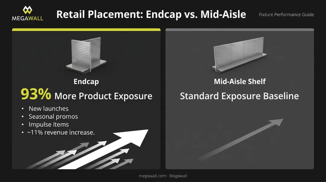 Gondola endcap versus mid-aisle shelf position product exposure comparison infographic