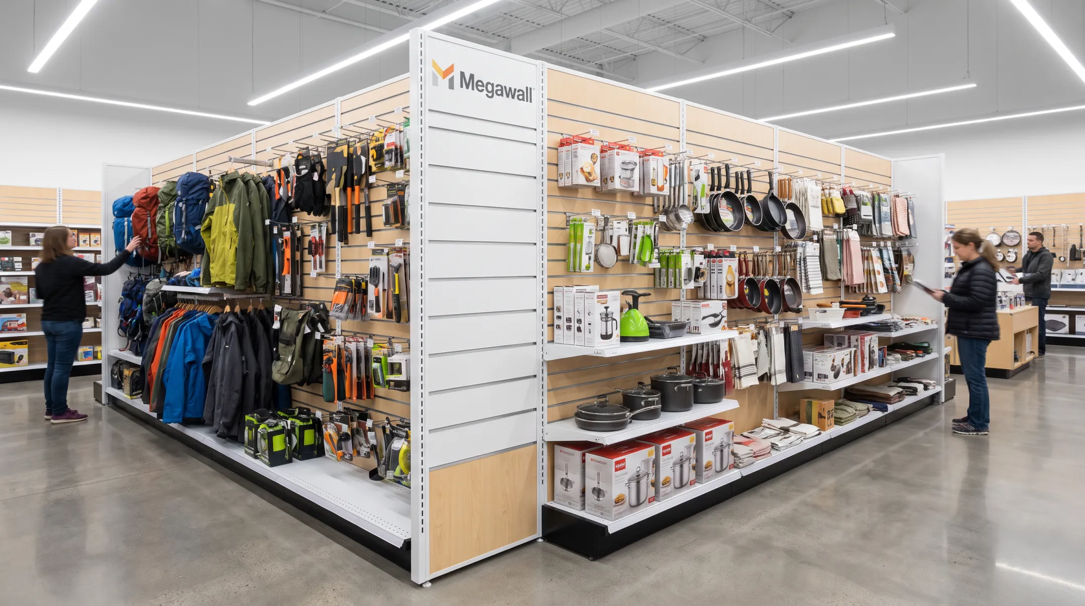 Two-sided NuPanel gondola retrofit slatwall display in retail aisle