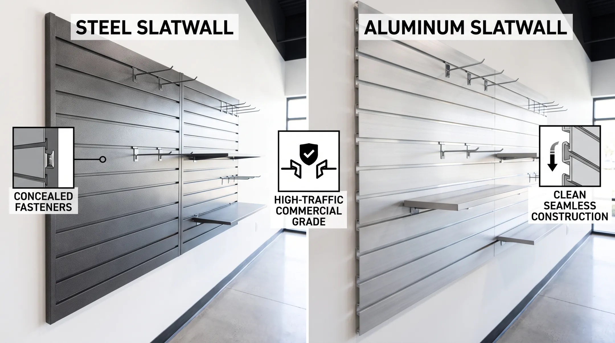 Steel versus aluminum slatwall panel material comparison for retail displays