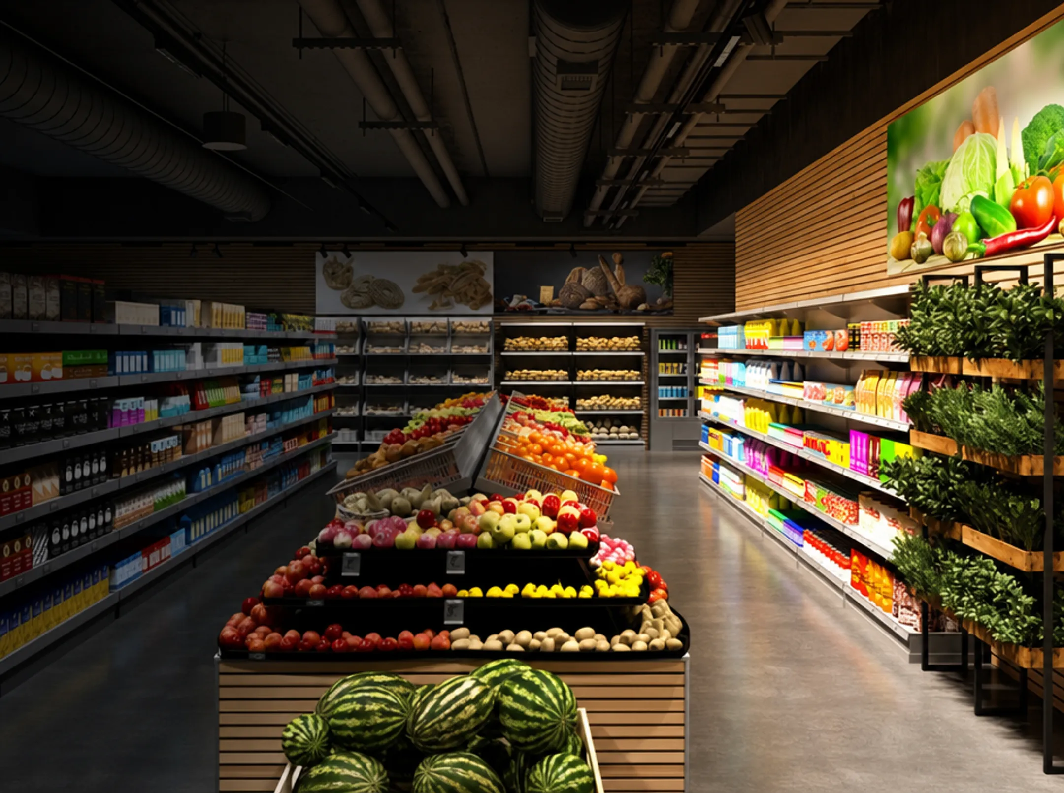 Well-lit retail shelf display contrasted with dim neglected store section