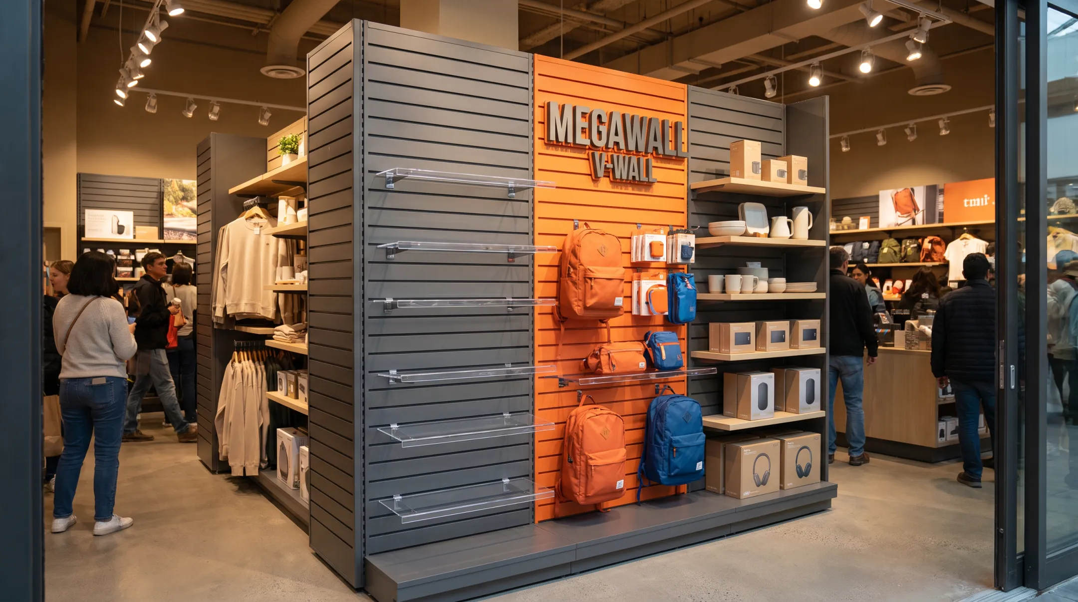 High-contrast retail focal point display using modular slatwall system