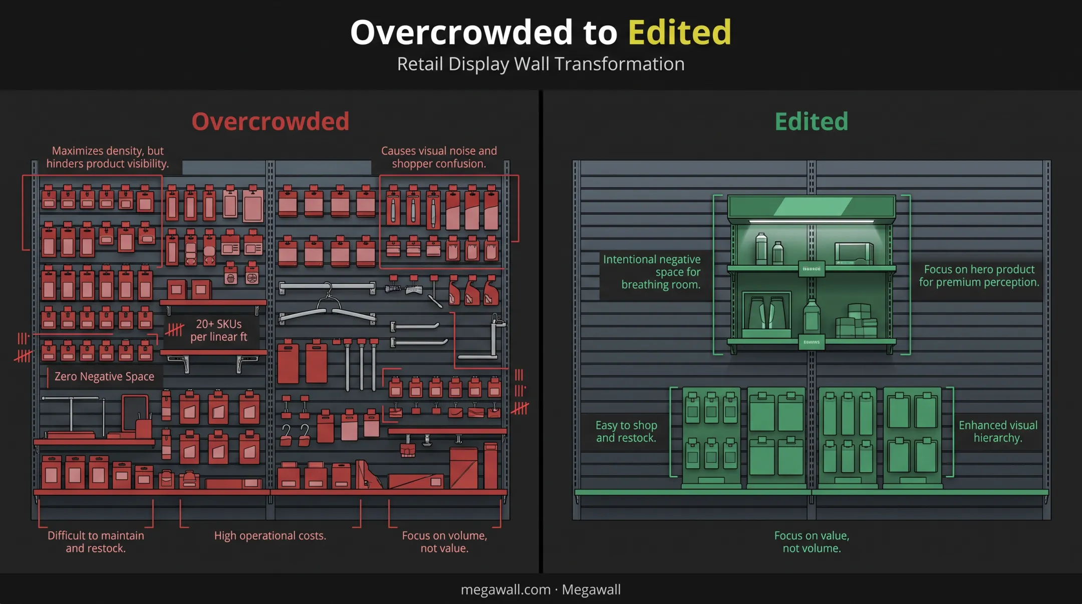 Overcrowded versus edited retail display comparison showing product decluttering
