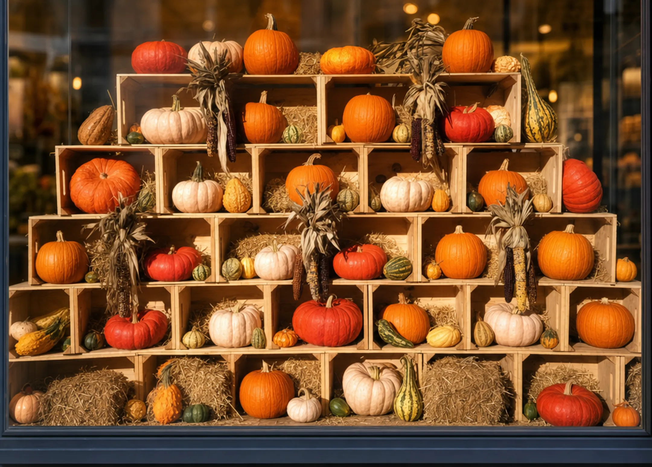rustic wooden crate fall window display with pumpkins and hay