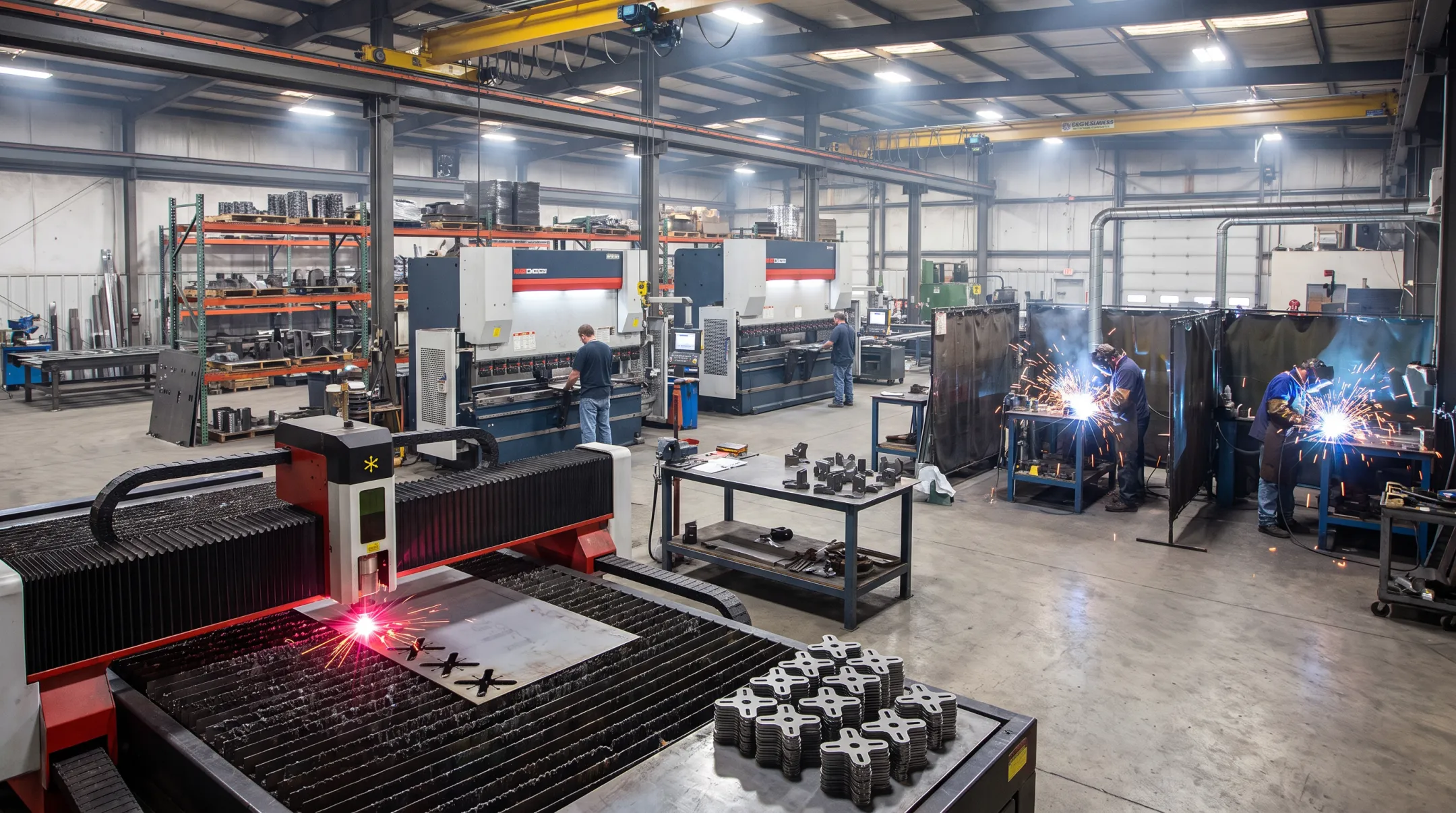 Metal fabrication shop floor with laser cutter and press brake equipment