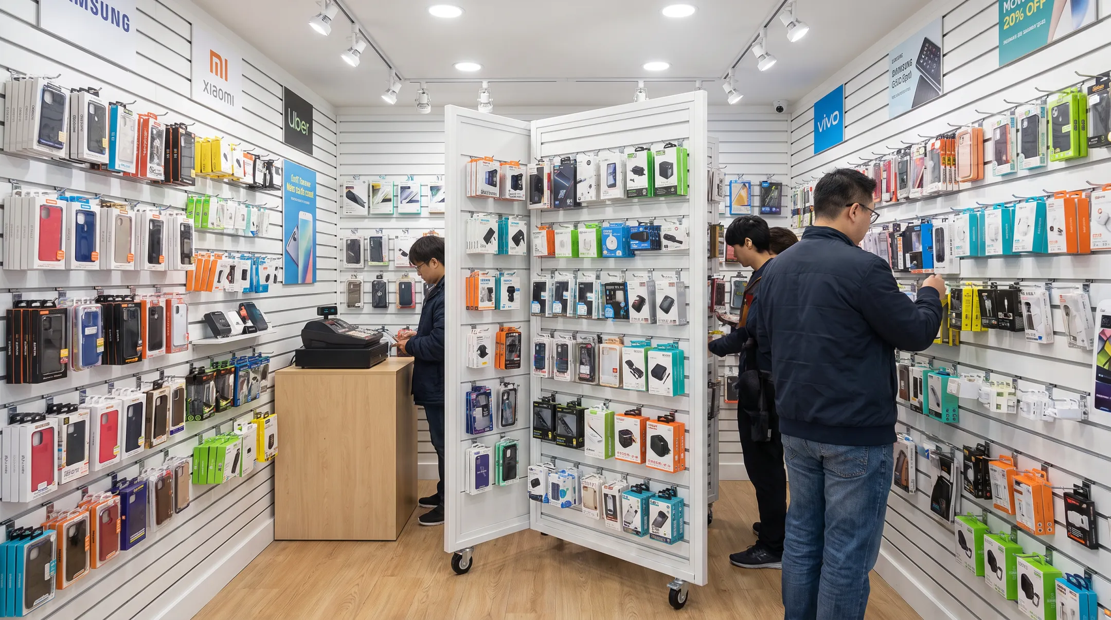 Vertical slatwall fixture maximizing space in small phone store
