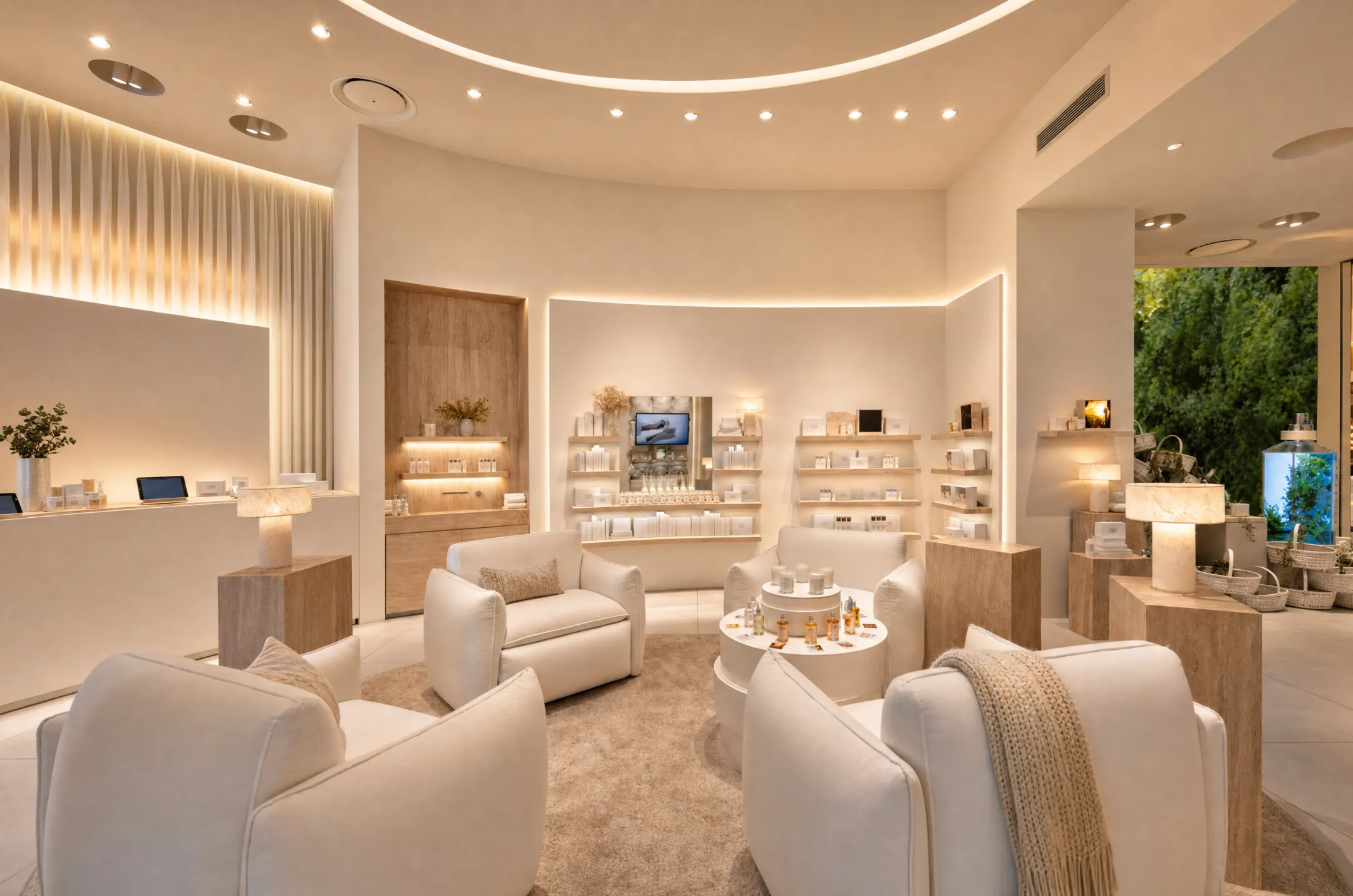 Warm ambient lighting in modern retail store waiting area