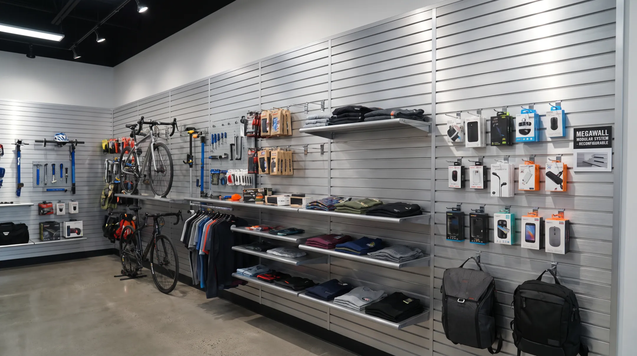 Modular slatwall system with interchangeable shelves hooks and brackets