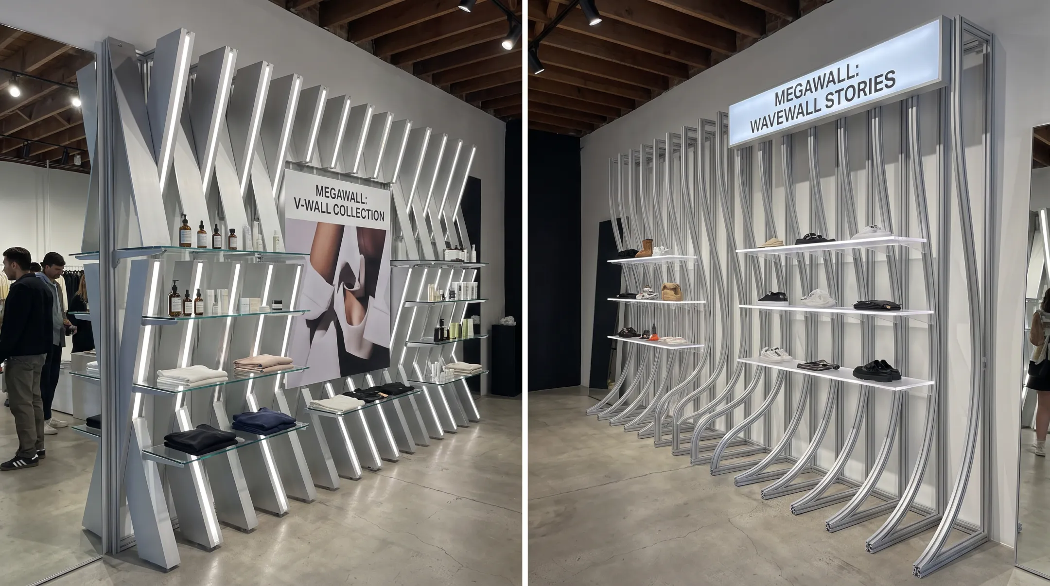 V-Wall and WaveWall display systems with sculptural aluminum backdrop