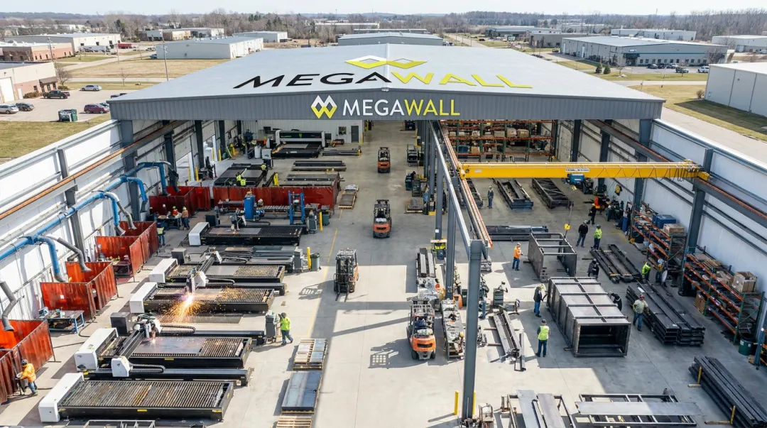 Megawall metal fabrication facility interior showing laser cutting and welding operations