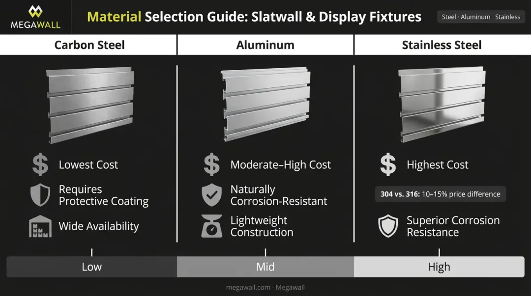 Metal material grade comparison chart showing steel aluminum and stainless steel cost and properties
