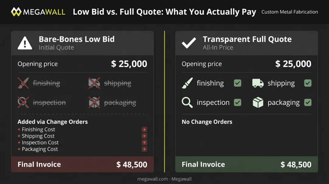 Low bid hidden cost breakdown showing bare-bones quote versus true final invoice comparison