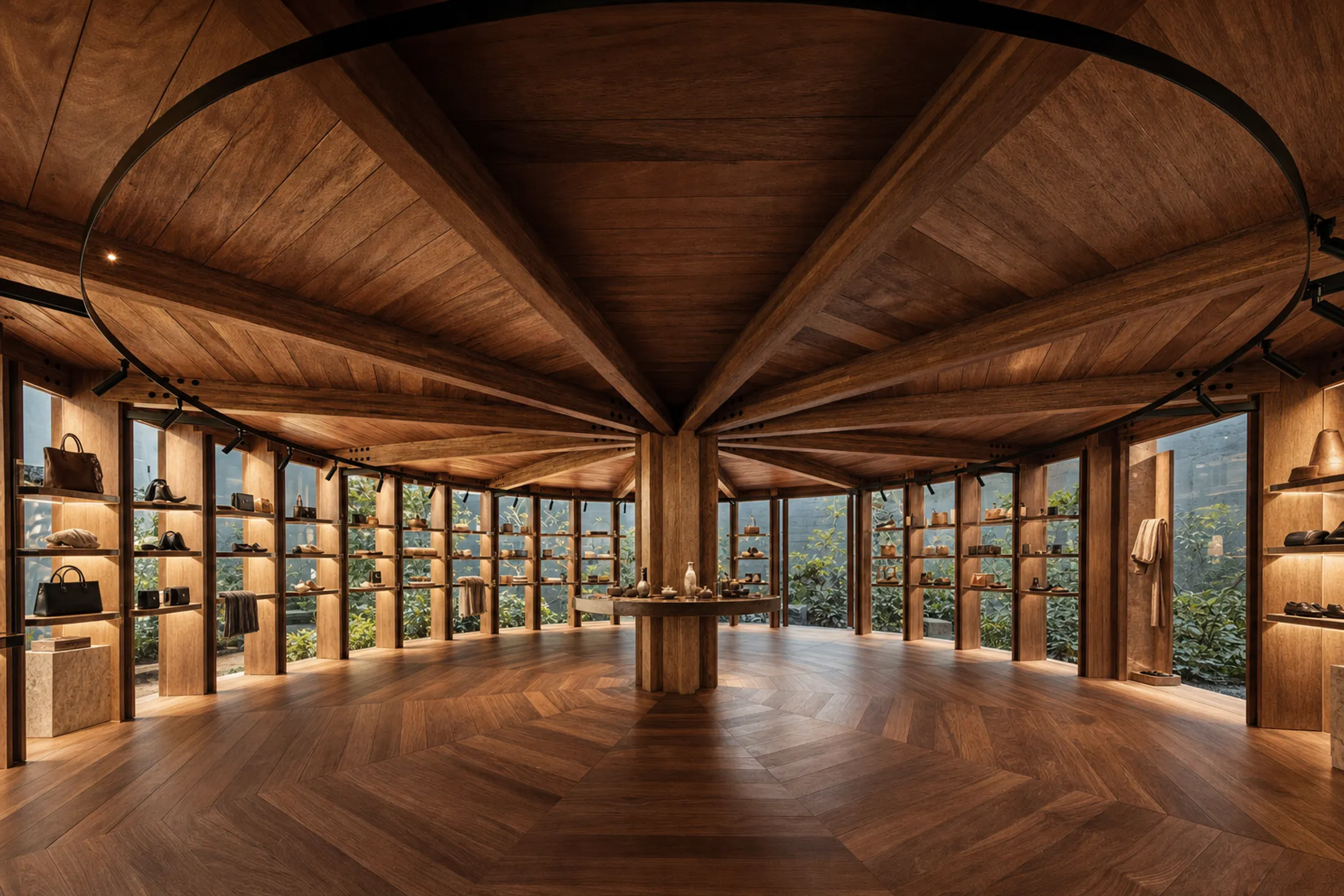 Modern retail store interior with sculptural architectural design elements
