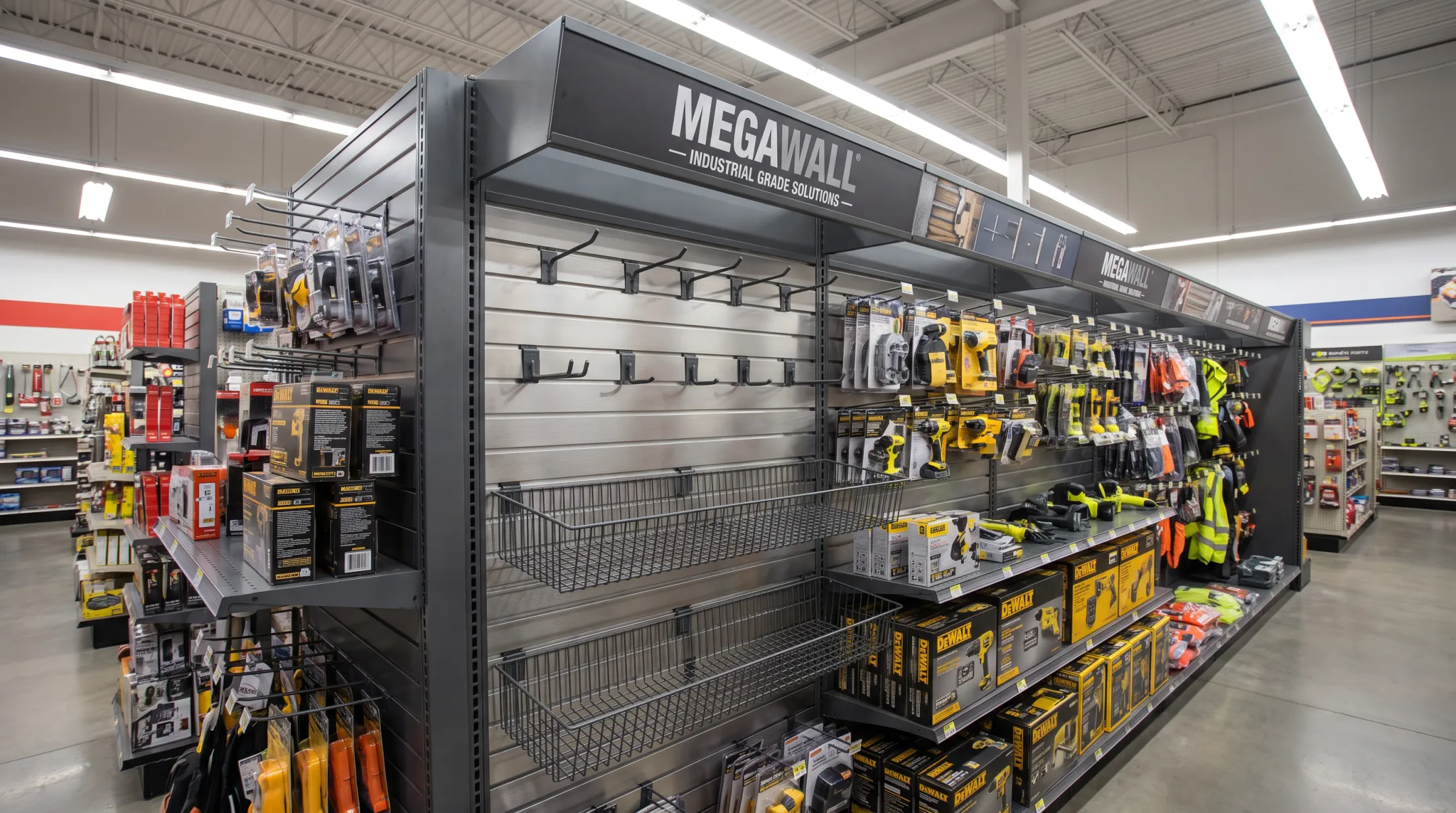 Megawall slatwall endcap fixture holding heavy merchandise in retail aisle