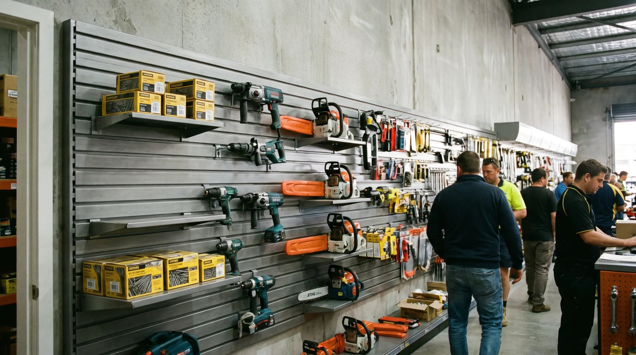 Heavy-duty steel slatwall system with hidden fasteners holding retail merchandise