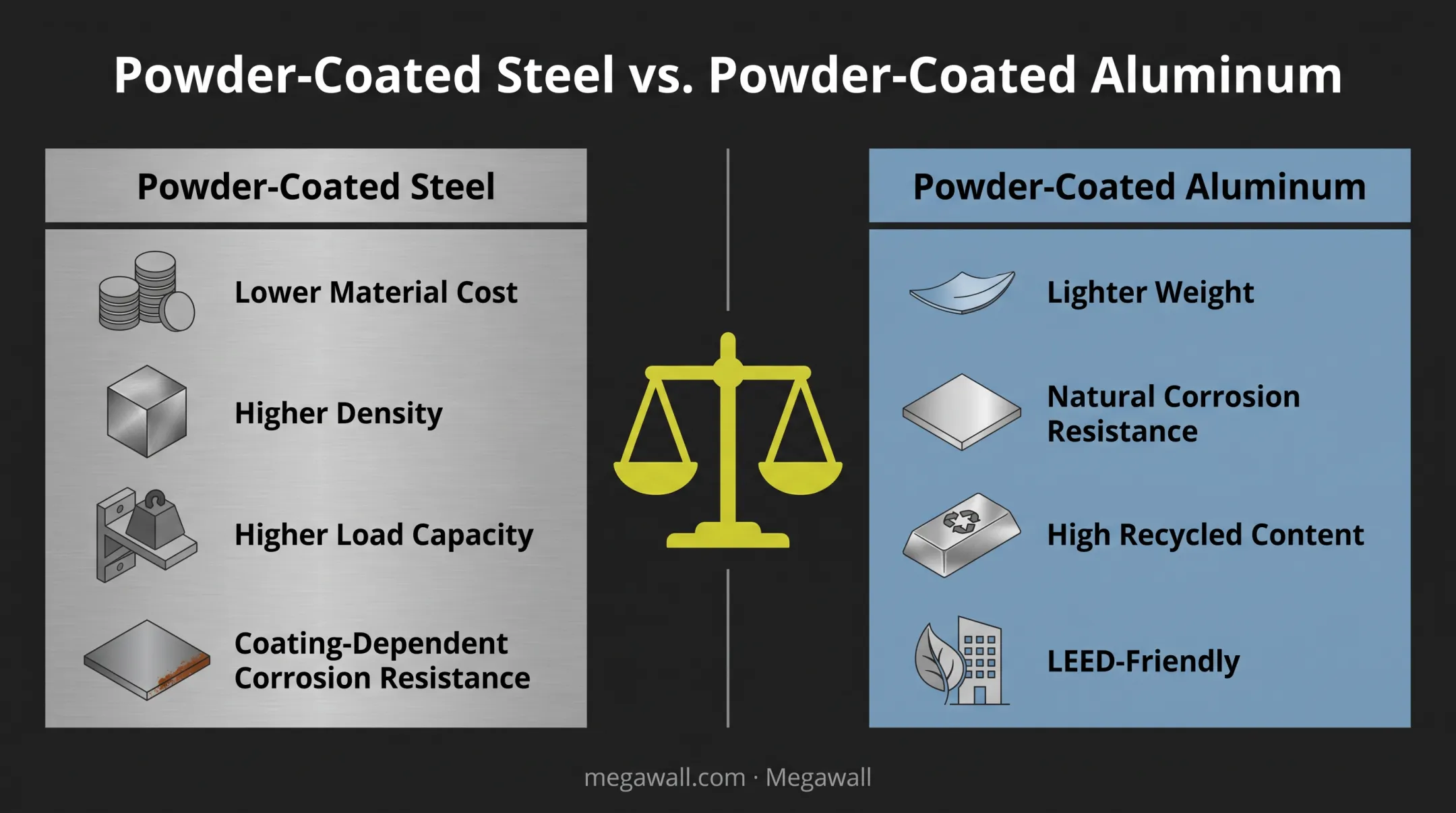 Powder-coated steel versus aluminum comparison chart for retail fixtures