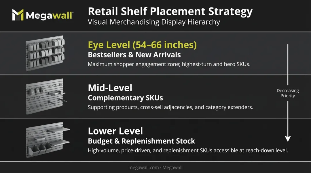 Three-tier retail visual hierarchy eye mid and lower level display zones
