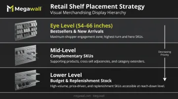 Three-tier retail visual hierarchy eye mid and lower level display zones