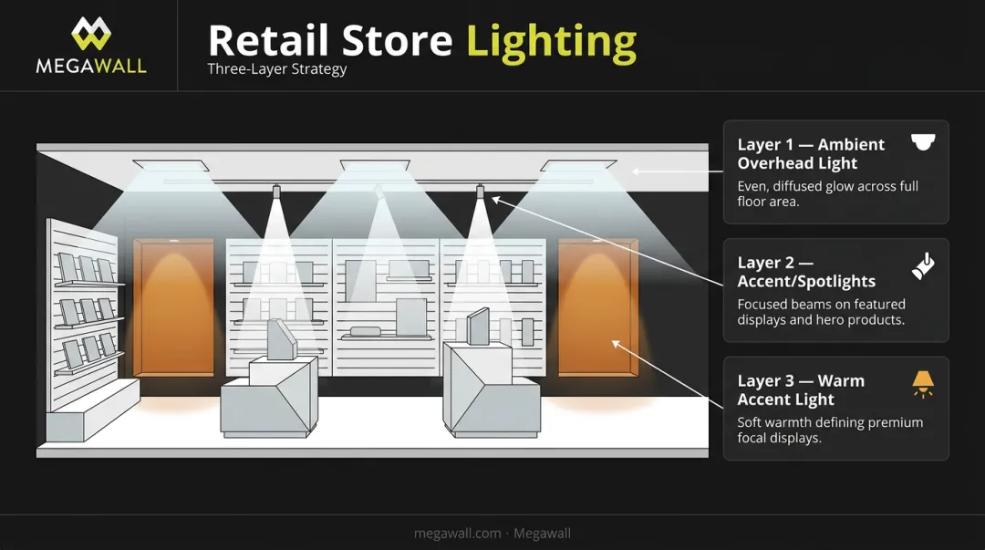 Three-layer retail store lighting strategy ambient accent and warm light zones