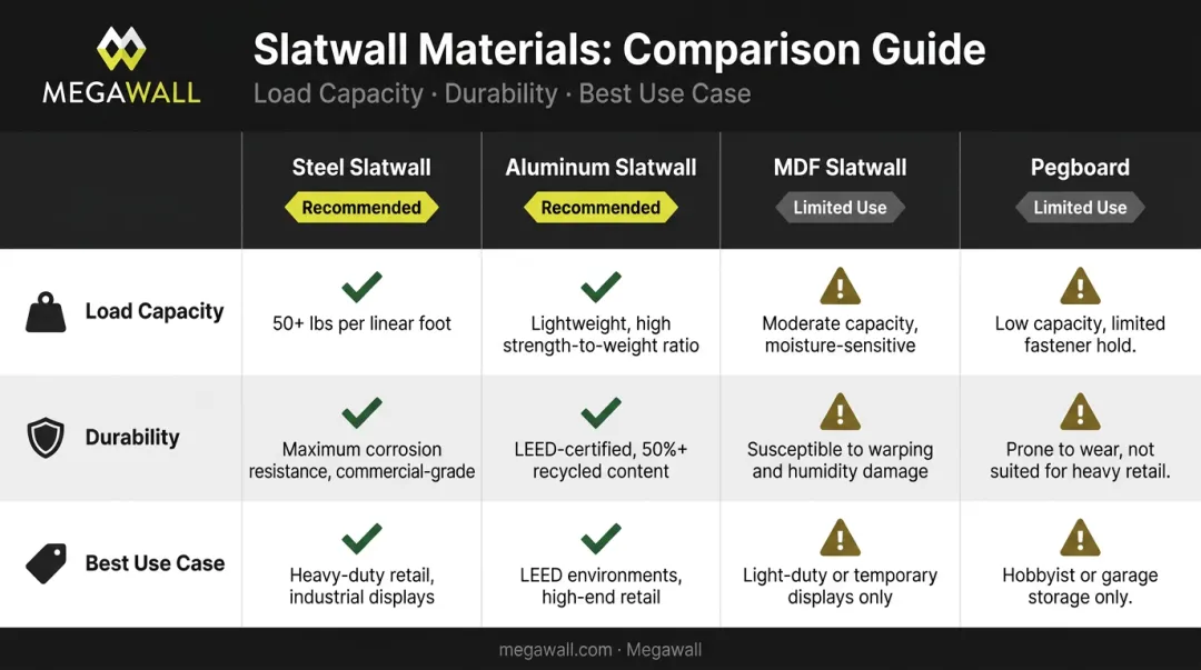 Retail slatwall material comparison chart steel aluminum MDF and pegboard properties