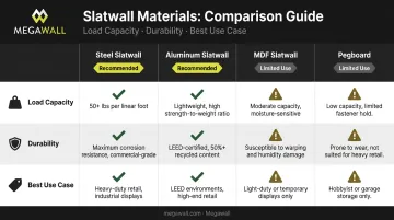 Retail slatwall material comparison chart steel aluminum MDF and pegboard properties
