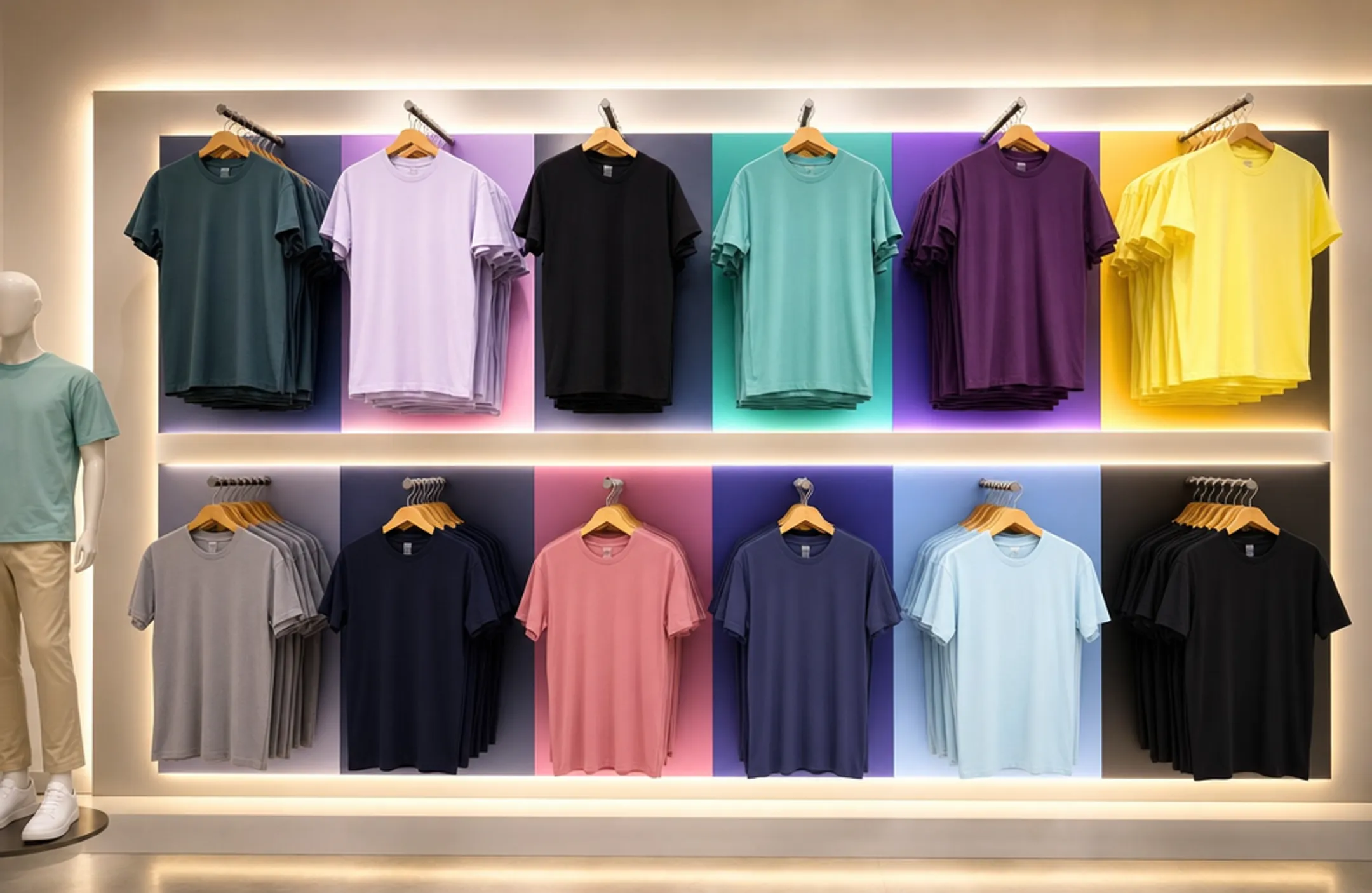 Mannequin styled display with LED backlit shelving in flagship store