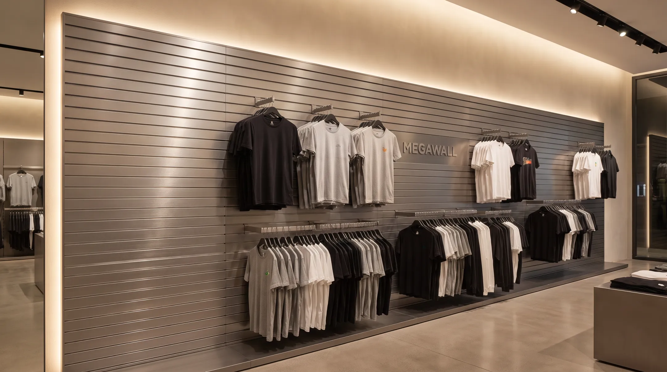Steel and aluminum slatwall panels with hanging t-shirt displays