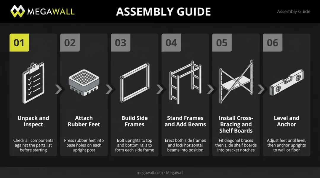 6-step heavy duty steel shelving assembly process flow infographic
