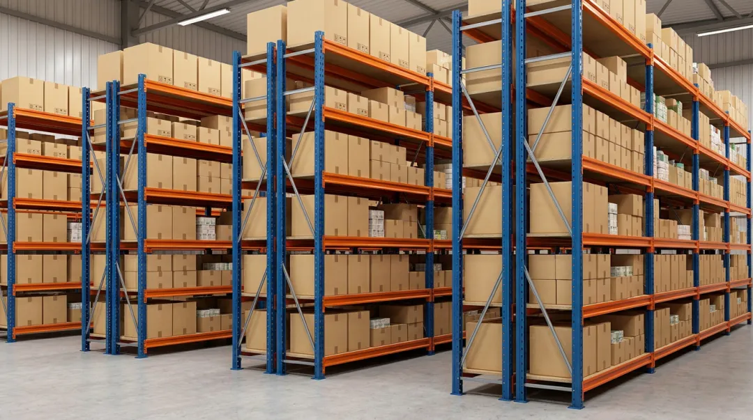 Heavy duty steel shelving unit installed in organized commercial retail environment