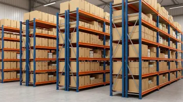 Heavy duty steel shelving unit installed in organized commercial retail environment