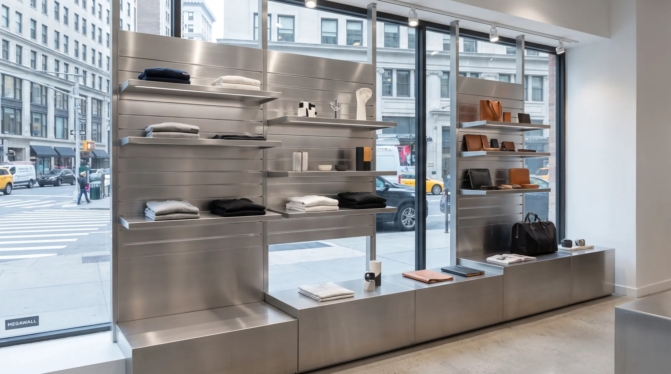 Steel and aluminum slatwall fixtures supporting retail window display