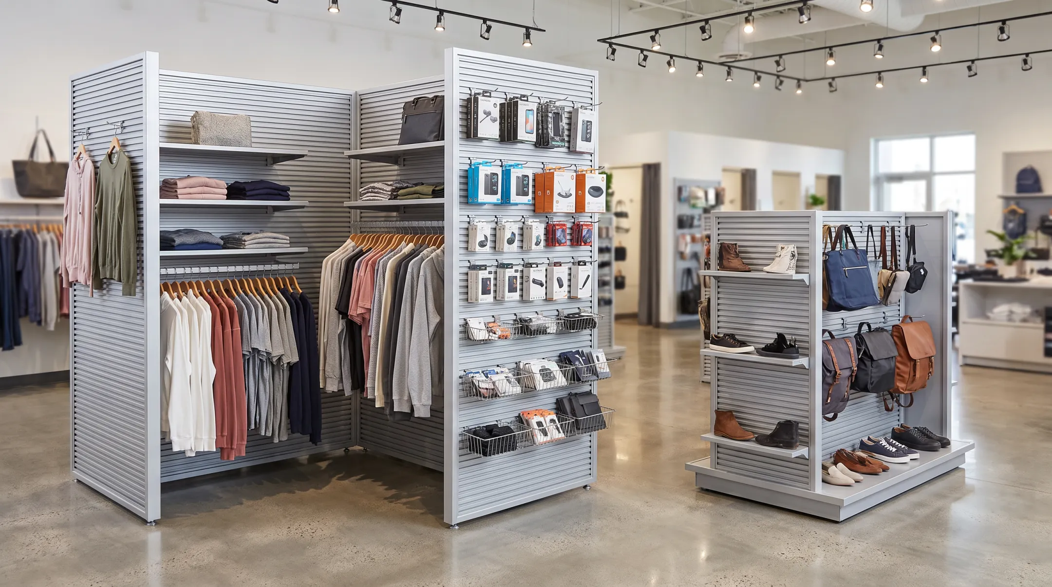 Slatwall fixture display showing modular H-Frame L-Frame T-Frame configurations