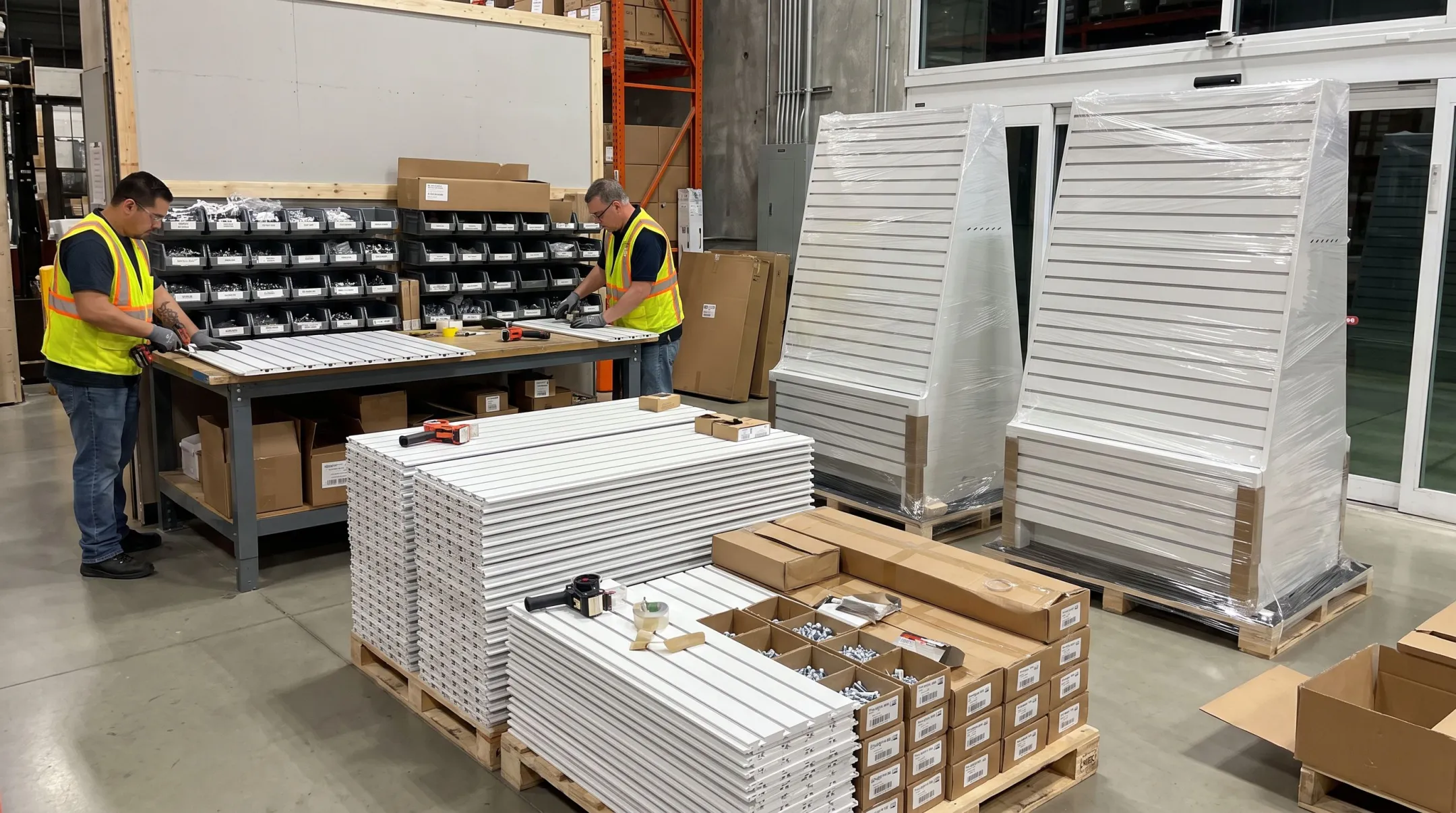 Warehouse workers kitting and assembling retail slatwall display fixtures