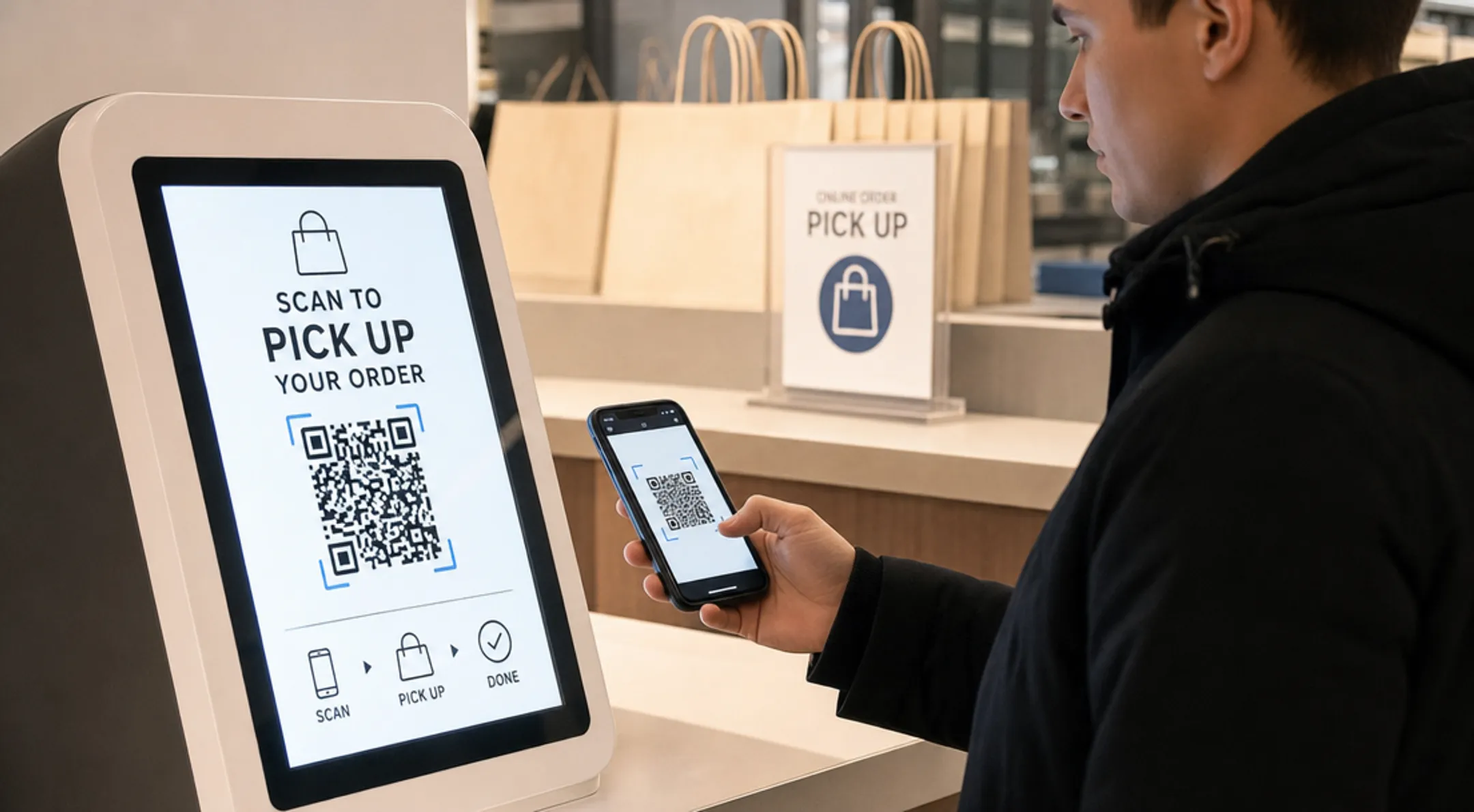 Customer using QR code scan for in-store BOPIS pickup experience