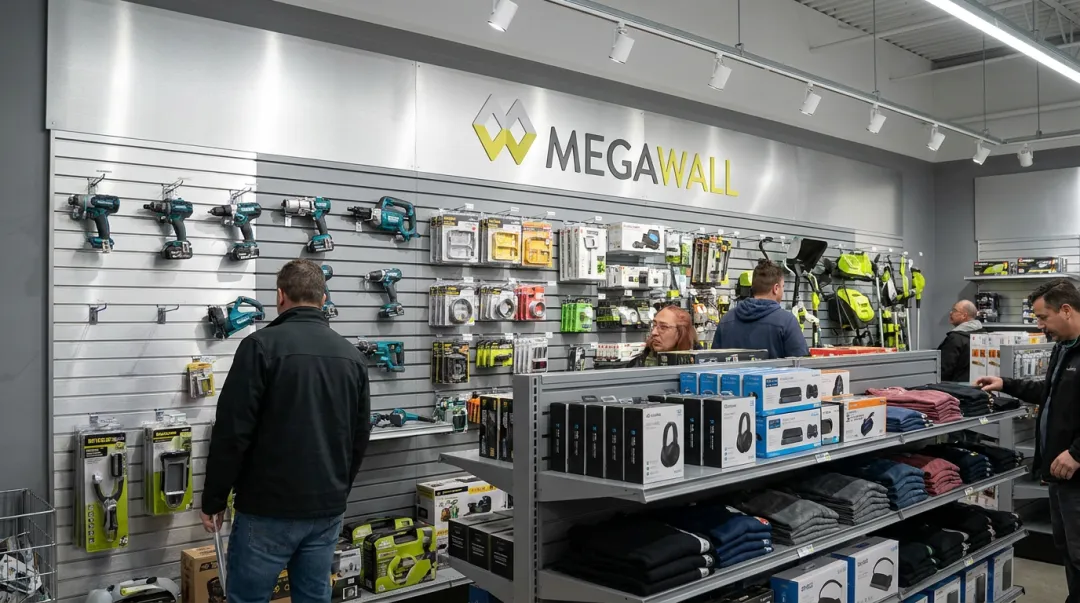 Megawall steel and aluminum slatwall panels installed in commercial retail store environment