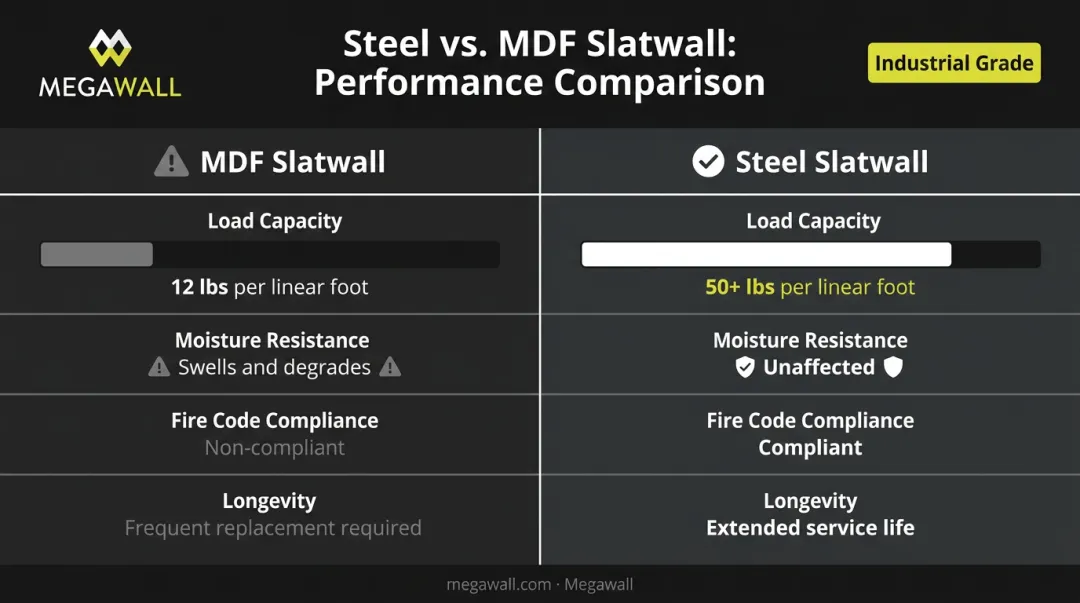 Steel versus MDF slatwall load capacity and performance comparison infographic