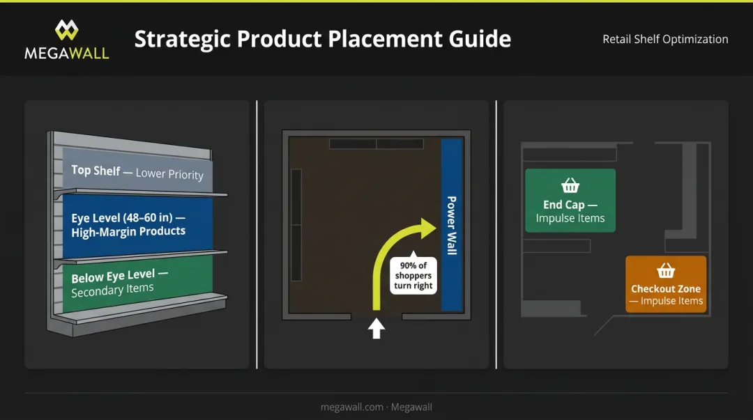 Retail store strategic product placement zones diagram showing eye level and power wall positions