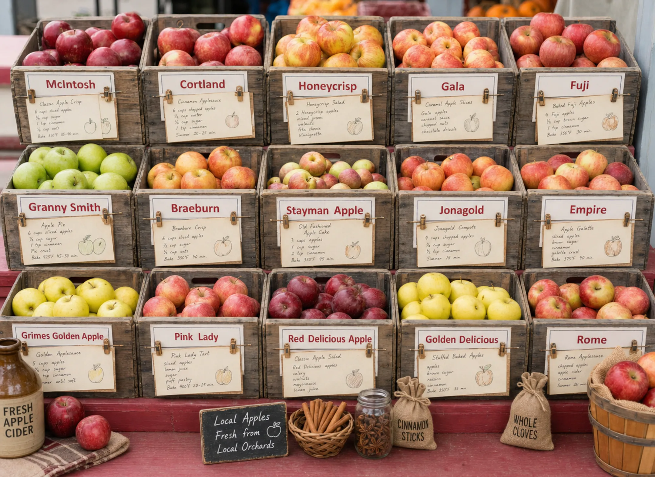 Local apple display with multiple varieties and recipe cards