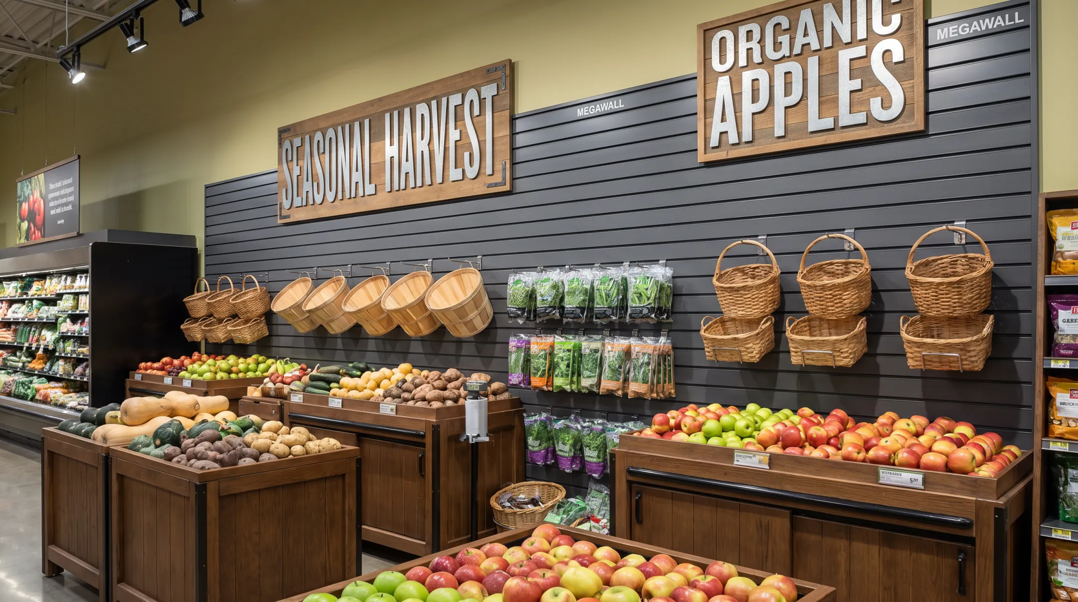 Slatwall fixture system holding produce bins and seasonal hooks