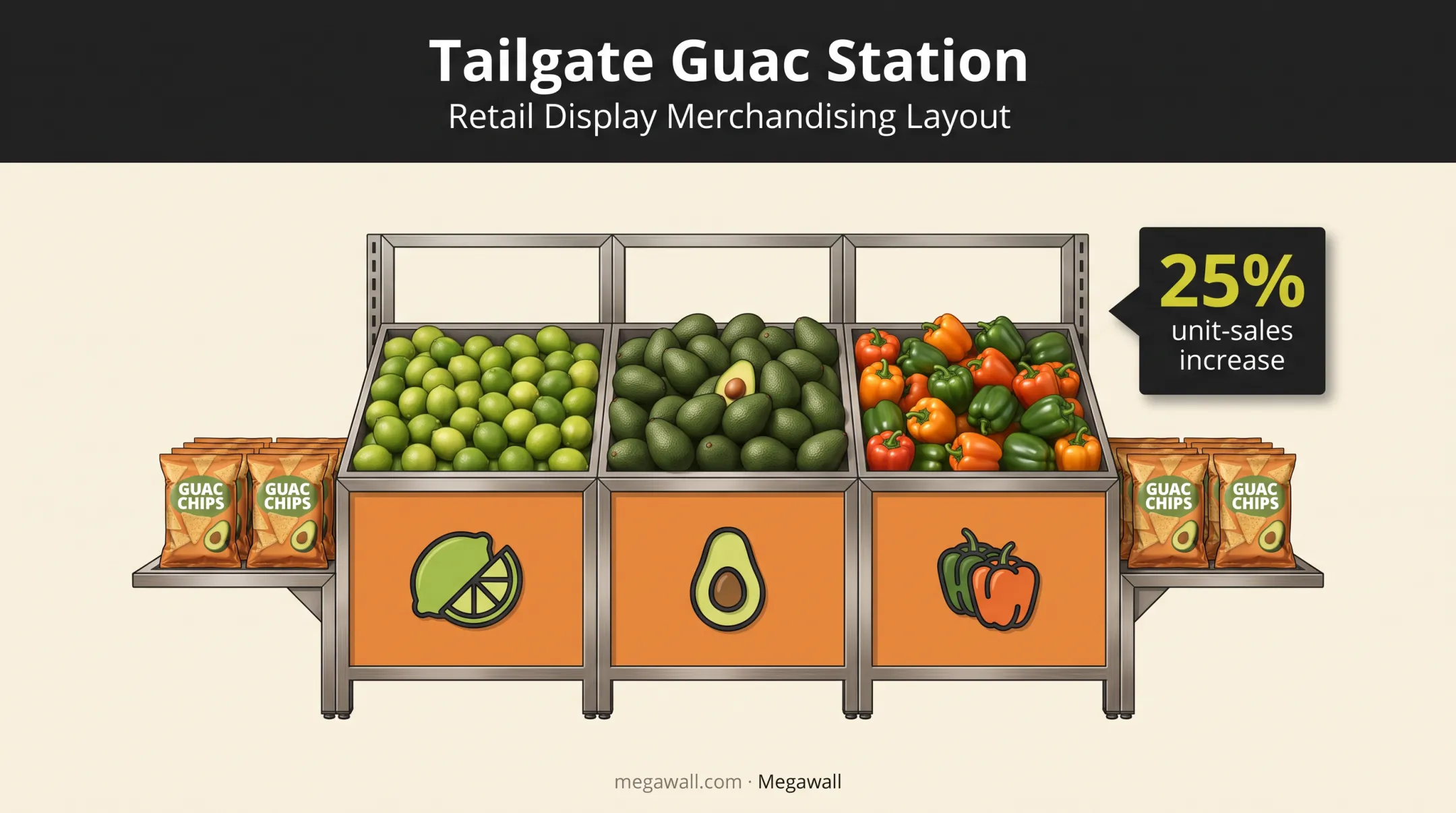 Tailgate guac station display layout with avocados limes and chips